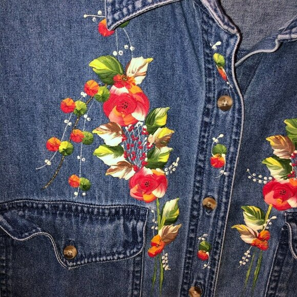 VTG Lasha Large Denim Flower Painted Floral Long Sleeve Button Up Shirt Top Sz L - Picture 6 of 10
